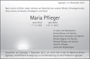 Traueranzeige von Maria Pflieger von 020