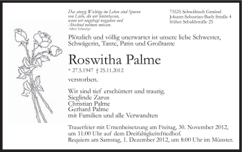 Traueranzeige von Roswitha Palme von Gmünder Tagespost
