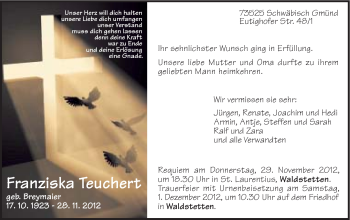 Traueranzeige von Franziska Teuchert von Gmünder Tagespost