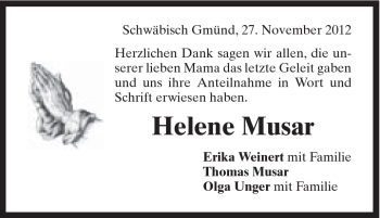 Traueranzeige von Helene Musar von Gmünder Tagespost