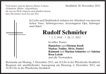 Traueranzeige von Rudolf Schmirler von Gmünder Tagespost