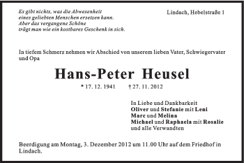 Traueranzeige von Hans-Peter Heusel von Gmünder Tagespost