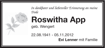 Traueranzeige von Roswitha App von Gmünder Tagespost