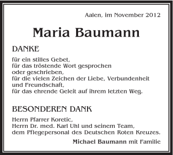 Traueranzeige von Maria Baumann von Schwäbische Post