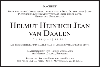 Traueranzeige von Helmut Heinrich Jean Van Daalen von Schwäbische Post
