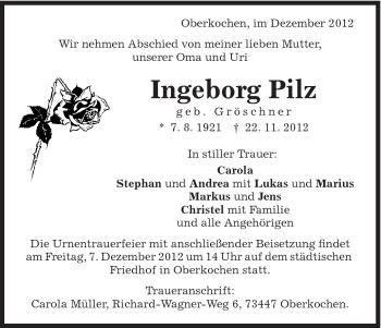 Traueranzeige von Ingeborg Pilz von Schwäbische Post