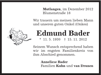 Traueranzeige von Emund Bader von Gmünder Tagespost