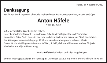 Traueranzeige von Anton Häfele von Schwäbische Post