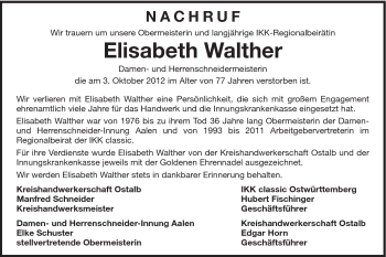 Traueranzeige von Elisabeth Walther von Schwäbische Post