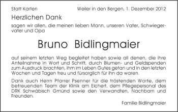 Traueranzeige von Bruno Bidlingmaier von Gmünder Tagespost