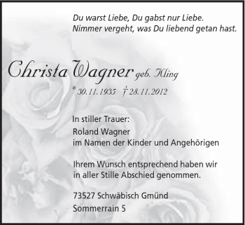 Traueranzeige von Christa Wagner von Gmünder Tagespost
