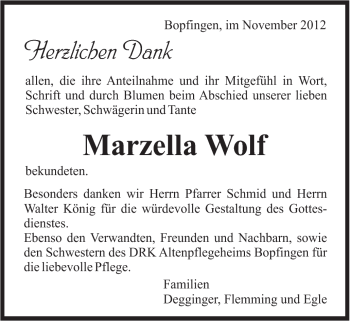 Traueranzeige von Marzella Wolf von Schwäbische Post