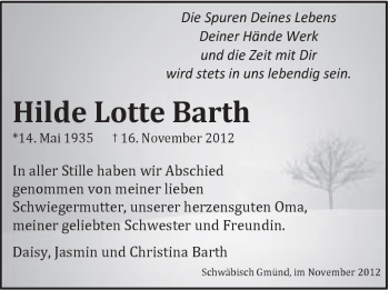 Traueranzeige von Hilde Lotte Barth von Gmünder Tagespost