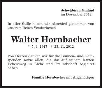 Traueranzeige von Walter Hornbacher von Gmünder Tagespost