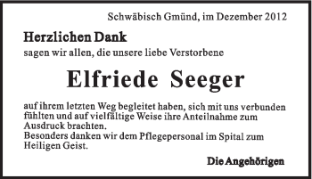 Traueranzeige von Elfriede Seeger von Gmünder Tagespost