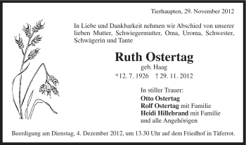 Traueranzeige von Ruth Ostertag von Gmünder Tagespost