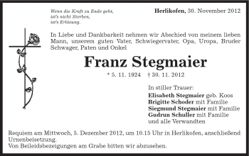 Traueranzeige von Franz Stegmaier von Gmünder Tagespost