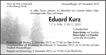Traueranzeige von Eduard Kurz von Schwäbische Post