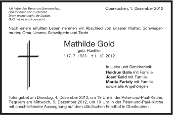 Traueranzeige von Mathilde Gold von Schwäbische Post