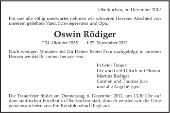 Traueranzeige von Oswin Rödiger von Schwäbische Post