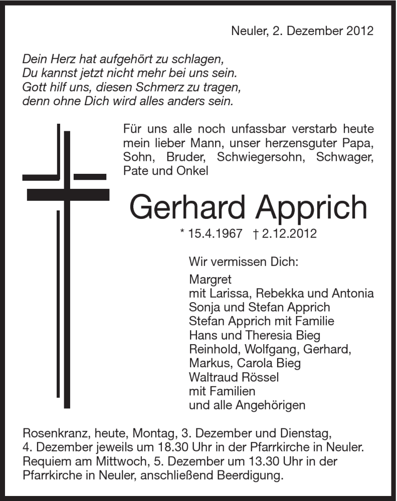  Traueranzeige für Gerhard Apprich vom 03.12.2012 aus Schwäbische Post