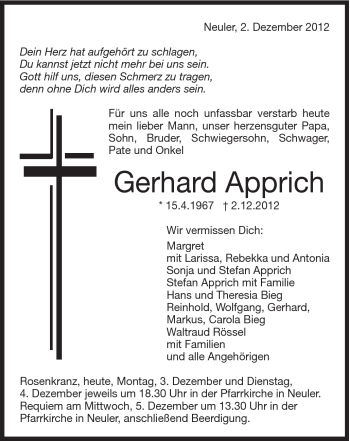 Traueranzeige von Gerhard Apprich von Schwäbische Post