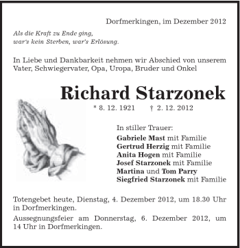 Traueranzeige von Richard Starzonek von Schwäbische Post