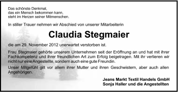 Traueranzeige von Stegmaier Claudia von Gmünder Tagespost