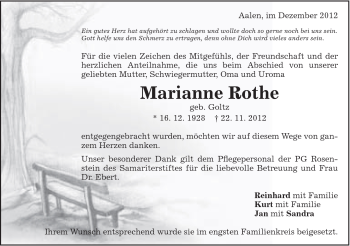 Traueranzeige von Marianne Rothe von Schwäbische Post