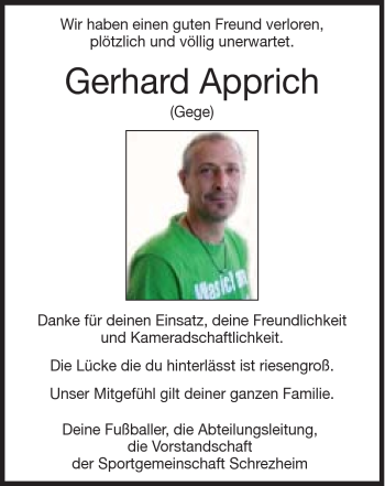 Traueranzeige von Gerhard Apprich von Schwäbische Post