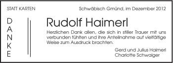 Traueranzeige von Rudolf Haimerl von Gmünder Tagespost