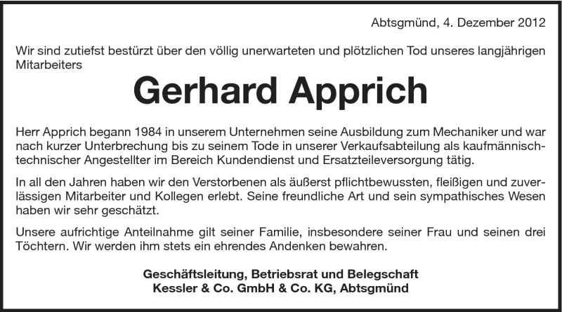  Traueranzeige für Gerhard Apprich vom 04.12.2012 aus Schwäbische Post