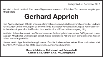 Traueranzeige von Gerhard Apprich von Schwäbische Post