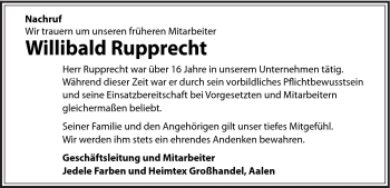 Traueranzeige von Willibald Rupprecht von Schwäbische Post