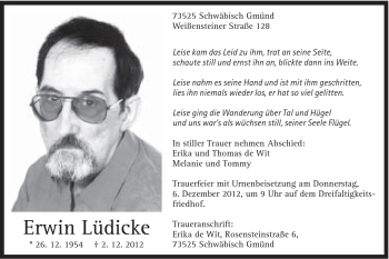 Traueranzeige von Erwin Lüdicke von Gmünder Tagespost