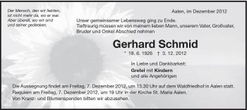 Traueranzeige von Gerhard Schmid von Schwäbische Post