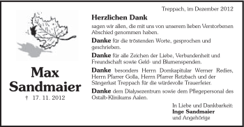 Traueranzeige von Max Sandmaier von Schwäbische Post