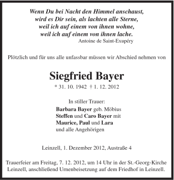 Traueranzeige von Siegfried Bayer von Gmünder Tagespost