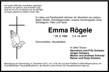 Traueranzeige von Emma Rögele von Schwäbische Post