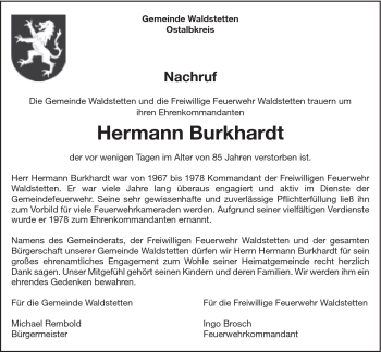 Traueranzeige von Hermann Burkhardt von Gmünder Tagespost