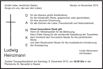 Traueranzeige von Ludwig Heinzmann von Schwäbische Post
