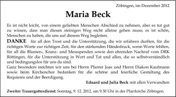 Traueranzeige von Maria Beck von Schwäbische Post