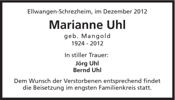 Traueranzeige von Marianne Uhl von Schwäbische Post