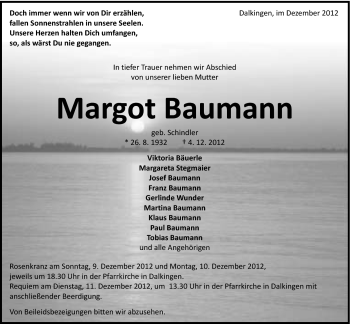 Traueranzeige von Margot Baumann von Schwäbische Post