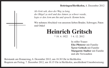 Traueranzeige von Heinrich Gritsch von Gmünder Tagespost