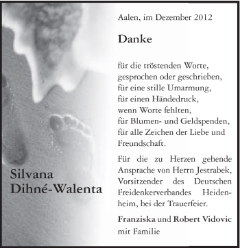 Traueranzeige von Silvana Dihne-Walenta von Schwäbische Post