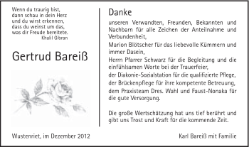 Traueranzeige von Gertrud Bareiss von Gmünder Tagespost
