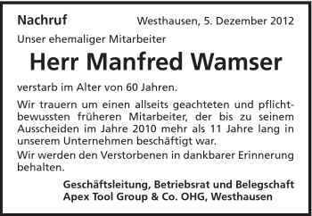 Traueranzeige von Manfred Wamser von Schwäbische Post