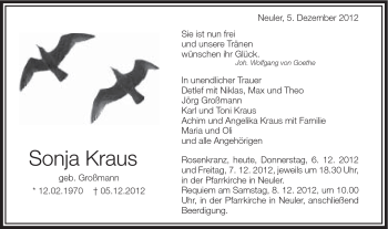 Traueranzeige von Sonja Kraus von Schwäbische Post