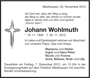 Traueranzeige von Johann Wohlmuth von Schwäbische Post